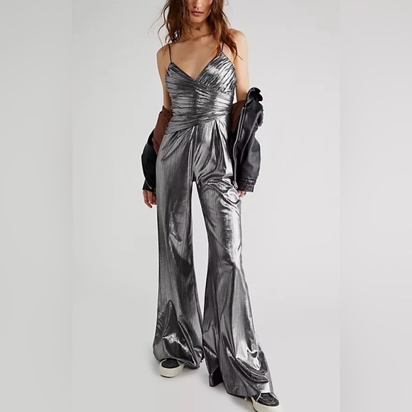 RETROFETE EVERLY METALLIC SILVER GUNMETAL FLARE WIDE LEG JUMPSUIT - Picture 2 of 15